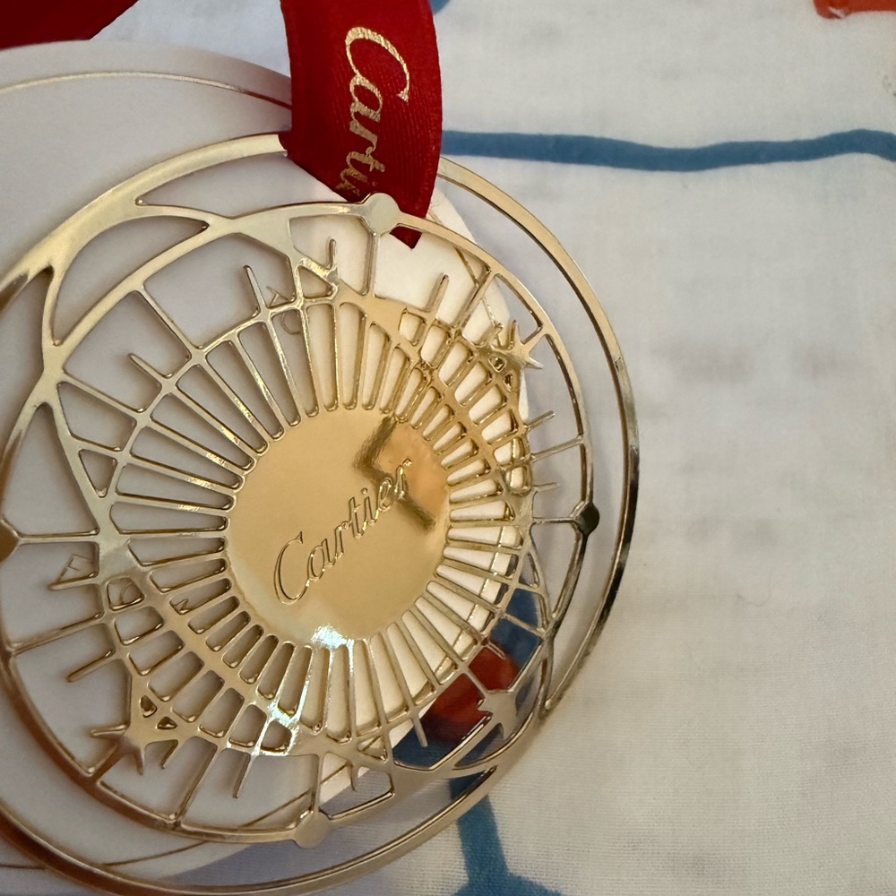 Cartier Gold Ornament/ Gift Tag with Red Ribbon Accents - Picture 3 of 6